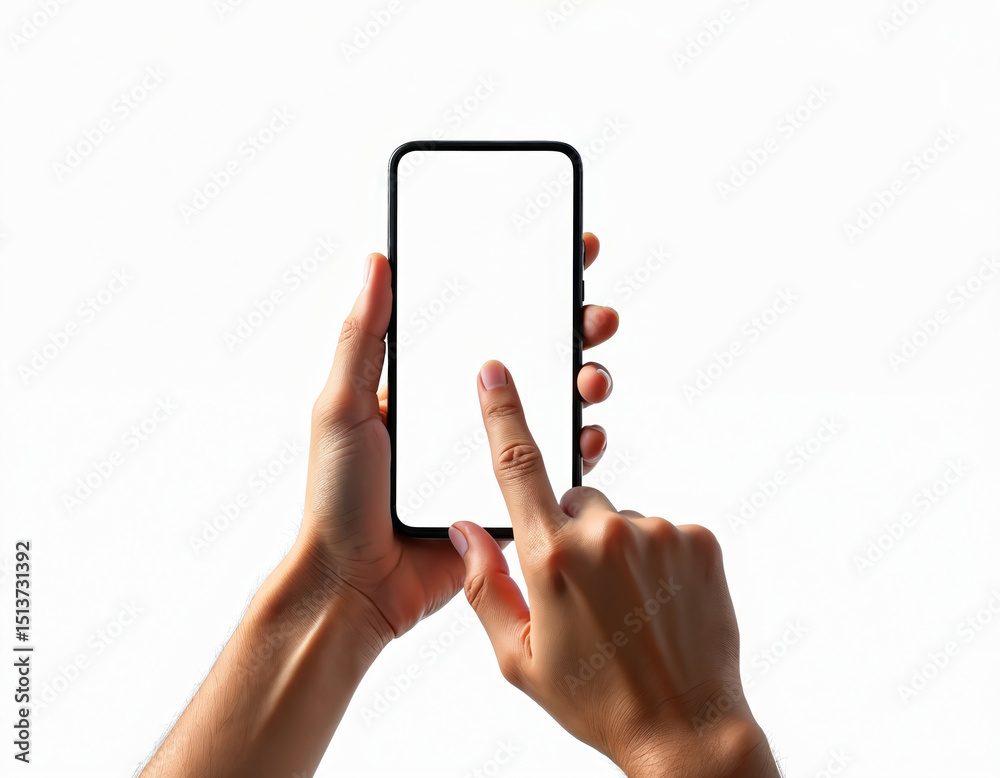 Poster Person using smartphone with forefinger pressing home button on blank screen. Isolated white background. Modern mobile smart tech. App presentation. Touch screen technology. Digital device mockup.