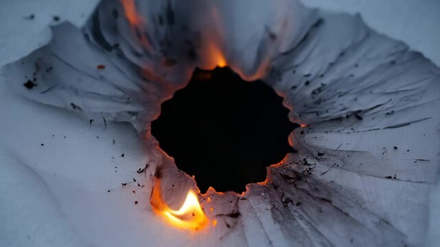 Burning hole in white paper with glowing edges and dark center showing fire damage and destruction effect