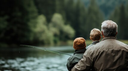 A serene moment captured of a family fishing by a tranquil lake surrounded by lush trees, beautifully highlighting the bond between generations in nature's embrace.