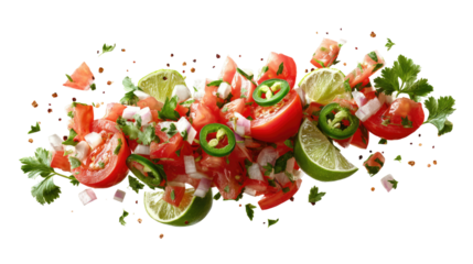 Fresh pico de gallo salsa ingredients with chopped vegetables on transparent background

