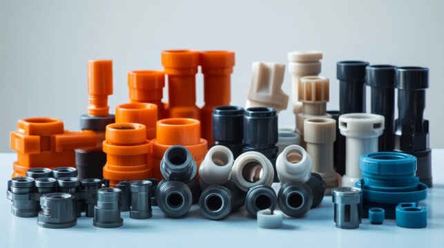 UPVC and CPVC pipe fittings, plastic connectors for piping systems, displayed for plumbing concept. 