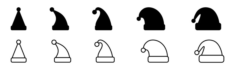Christmas hat icon. Set of santa cap icons in flat design. Vector illustration. Winter hat black icons.