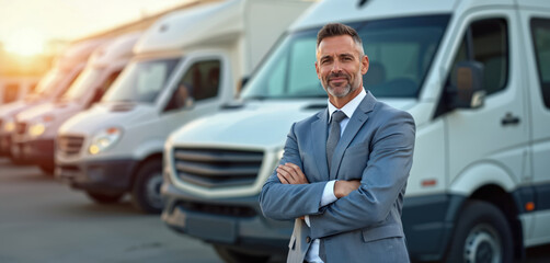 Business pro fleet manager stands confidently near a fleet of delivery vans. Man in formal wear, overseeing operations, vehicle compliance. Transportation logistics, business concept.