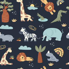 The playful pattern wich showcases various safari animals like lions, zebras, elephants, and giraffes against a dark background. Ideal for children's textiles, it delights with exciting wildlife image