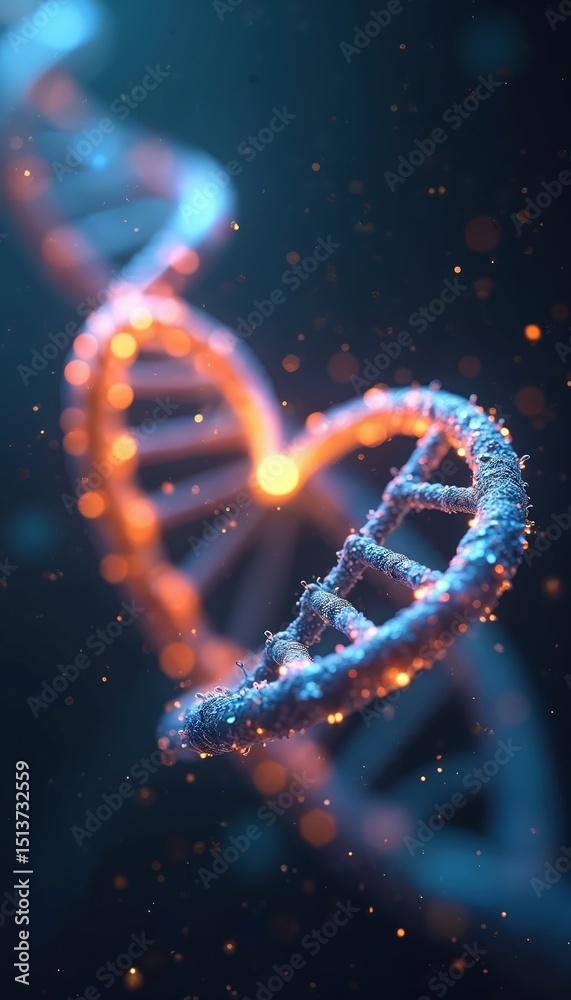 Aufkleber Luminous double helix DNA structure intertwines heart shape against dark background. Image ideal for scientific, medical, biotechnology themes. Perfect for visualizing genetic research love, life