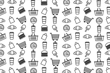 Seamless pattern of fast food doodle, fast food, shopping bags and shopping cart. Doodle fast food icons. Shopping bag icon. Shopping cart icon. Set of icon e-commerce and fast foods.