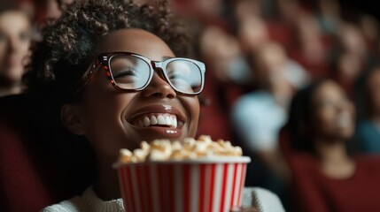 A joyful woman with glasses grins widely while holding a striped bucket of popcorn in a movie theater, embodying the excitement and joy of enjoying a film experience.