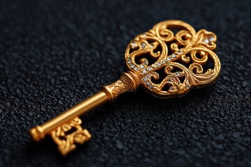 Ornate gold key with intricate details and sparkling embellishments.