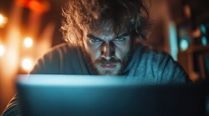 A man immersed in deep concentration while working late at night, illuminated by the glow of his laptop, representing dedication, ambition, and the quest for knowledge.