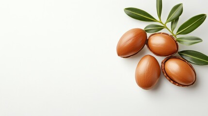 Brown Argan Nuts with Leaves on White, Natural Oil, Skincare Argan oil, beauty