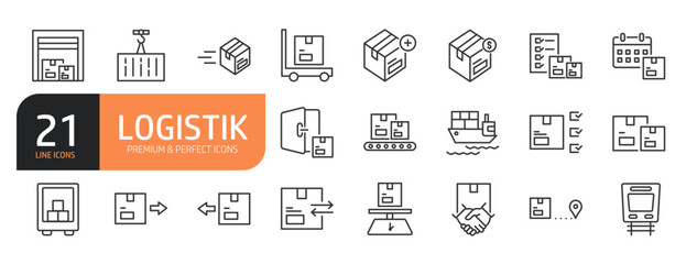 Set of line icons related to Logistic, Delivery, Cargo, Transportation, Warehouse, Supply Chain and more. Outline icons collection. Editable stroke. Vector illustration.