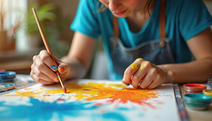 Naklejka premium Person engaged art therapy session. Young female creates artwork in bright creative space. Painting with brush uses colors. Artistic expression, relaxation, mental health, creative outlet therapy.