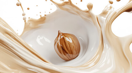 Nut Splashing into Liquid Creamy Splash, close-up, product shot. Smooth and glossy, with rich texture and highlights. Creamy and tasty!