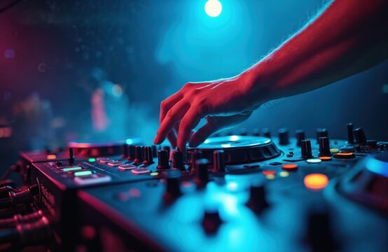 DJ manipulating audio mixer console at nightclub. Hand adjusting controls creating music at live concert. Blue light background during party. Disc jockey mixes tracks during techno music festival.