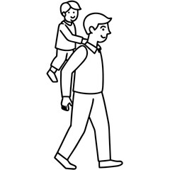 Father carrying son on shoulders in outline illustration of family and childhood