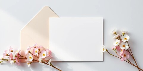 Blank white wedding invitation card mockup, beige envelope, gypsophila, minimalist design, copy space,   spring,  minimalist