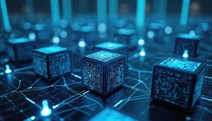 Futuristic blockchain network concept. Glowing data center with connections. Digital cubes with intricate glowing code structure. Innovation security data processing, digital encryption, data