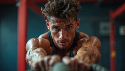 Obraz premium Focused athlete grips battle rope, face with focus, muscles flex. Working out, performing dynamic exercise at gym. Sweat on skin. Fitness, training, strength. Physical activity, body, healthy