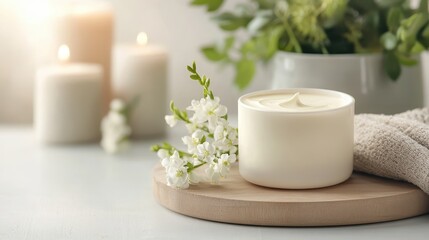 A serene composition featuring a scented candle surrounded by fresh flowers, creating a calming atmosphere ideal for relaxation and self-care in a cozy home environment.