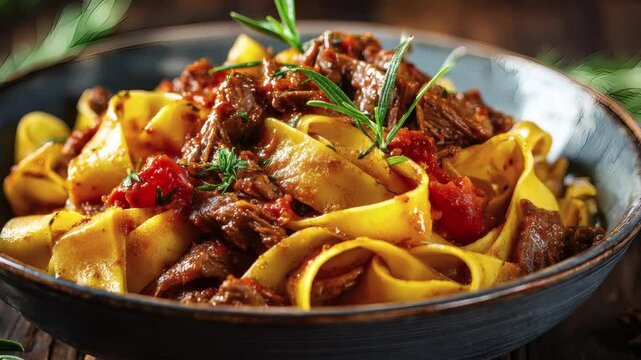 A hearty bowl of pappardelle pasta with rich meat sauce, garnished with fresh rosemary, sits on a rustic wooden table, tempting the appetite. (zoom out)