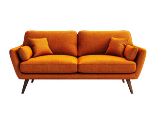 A large orange couch with pillows on it