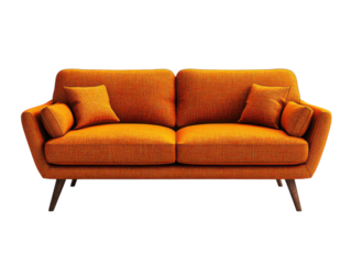 A large orange couch with pillows on it