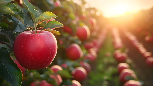 A drone flying over an apple orchard, carrying out aerial photography and capturing footage for digital marketing of agricultural products using AI technology.