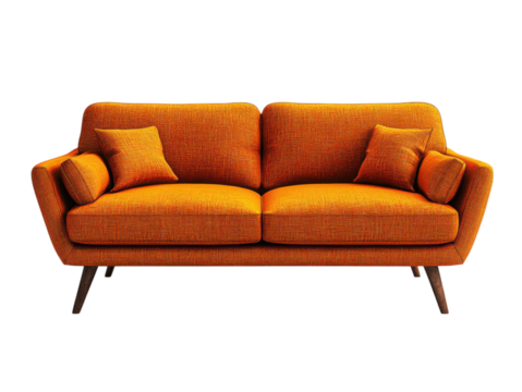 A large orange couch with pillows on it