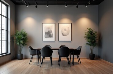 Modern office interior for video conference calls. Virtual studio background with a table chairs art plants. Ideal setting for webinars online meetings. Pro look, suitable for remote work.