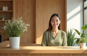 Smiling receptionist welcomes visitors at wellness spa. Young woman in uniform stands at wooden counter, plants add calm atmosphere. Wellness center spa beauty salon professional.