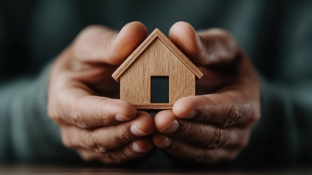 Two hands gently hold a wooden miniature house, symbolizing warmth and comfort of home, reflecting human emotions of safety and belonging in a thoughtful setting.