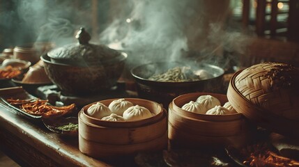 Traditional Asian Cuisine Display with Steamed Dumplings and Aromatic Dishes on Wooden Table