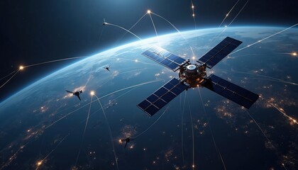 Satellite orbits Earth connects multiple nodes with lines. Concept of global network connections, vast reach space tech, wireless communication. Digital infrastructure, global data transfer,
