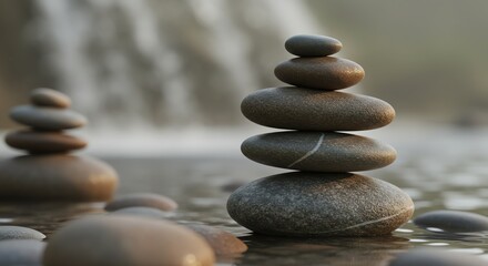 Stacked Zen Stones in Summer Waterfall