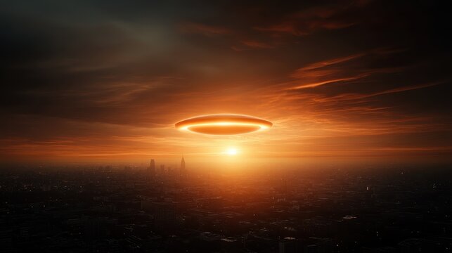 An ethereal halo encircles the sun as it sets over a city, blending nature and urban life in a stunning display of colors and emotional depth, prompting viewers to contemplate.