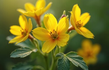 Fototapeta premium Sundrop evening primrose flowers in bloom with vibrant yellow petals, green foliage. Wildflower plants growing at natural garden setting. Botanical floral background with soft focus, warm sunlight.