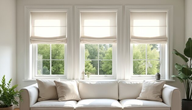 Modern living room interior with white Roman blinds on windows. Natural sunlight through the window creates cozy atmosphere. White sofa with pillows. Green trees behind the glass. Interior design.