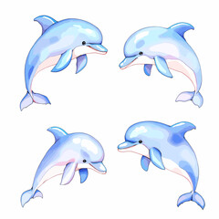 Obraz premium Set of watercolor Blue dolphins on white background, Set dolphins r clipart vector for graphic 