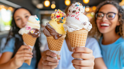Group of happy friends showing off decorated waffle cones filled with vibrant scoops of ice cream