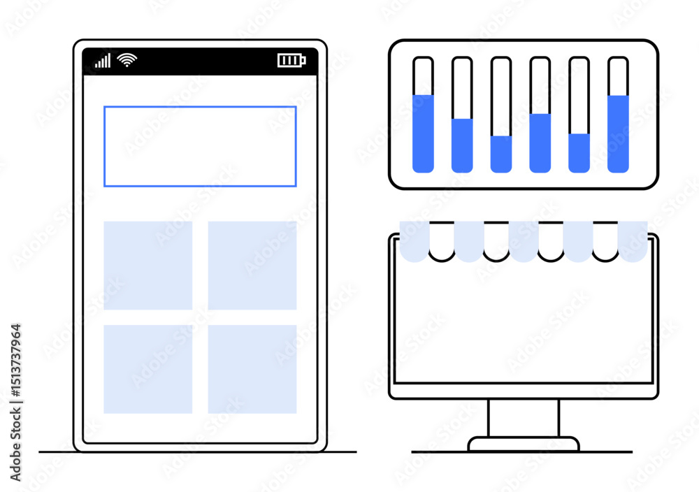 Poster smartphone app interface with grid layout, bar chart analytics, and desktop calendar window. ideal f