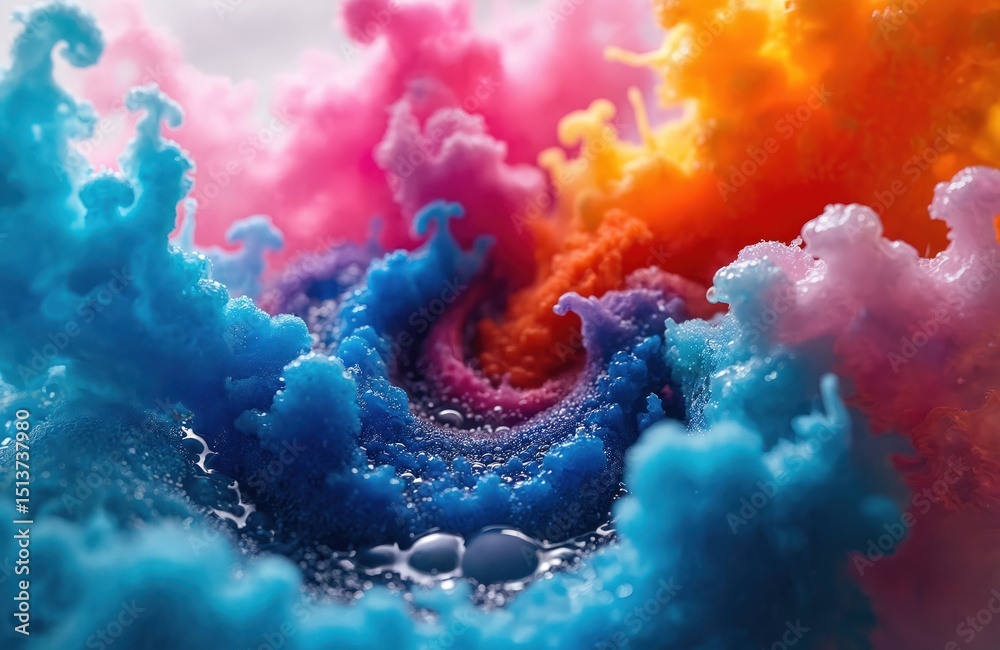 Poster Vibrant ink swirls in water. Dynamic, abstract design with bright colors, flowing liquid, creating visual effect. Colourful fluid motion, modern art and design concepts of creativity and imagination.