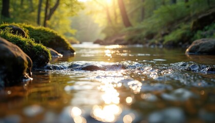 Fototapeta premium Sunlit forest creek. Water flows over stones, rocks, with green moss. Sunlight glimmers on water, trees. Fresh unspoiled nature scene. Scenic landscape, outdoor recreation. Eco tourism, nature trip.