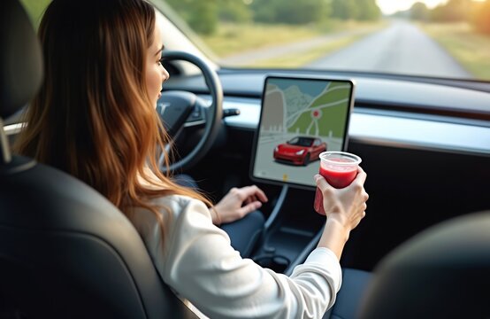 Unrecognizable woman driving modern electric car. tablet displays navigation system with red car image. Female driver holds smoothie. Future tech auto trip.