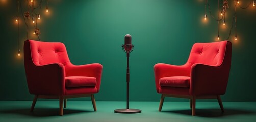 Two red chairs positioned in podcast room with dark green background. Retro microphone stands between chairs. Creative design for content creation, podcasting, interviews, recording studio,
