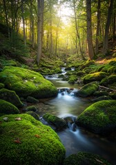 Obraz premium Serene Forest Stream - A tranquil stream flows through a lush forest, sunlight dappling through the trees. Moss-covered rocks line the banks, creating a peaceful scene