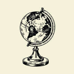 Vintage Globe Illustration in Black and White on Cream Background