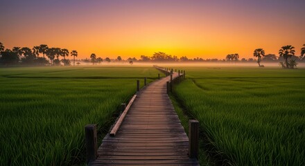 Fototapeta premium Serene Sunrise Over Rice Paddies - Wooden walkway leading through misty rice fields at sunrise, peaceful and tranquil scene