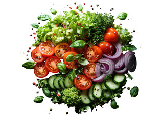 A salad with a variety of vegetables including tomatoes, cucumbers, and onions