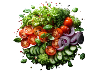 A salad with a variety of vegetables including tomatoes, cucumbers, and onions