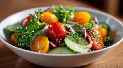 This colorful dish features a delightful mix of fresh cherry tomatoes, cucumbers, and mixed greens, making it a vibrant and healthy choice for any meal